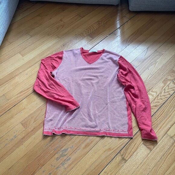 CH Carolina Herrera V-Neck Knit Sweater Men Large Pink White College Casual Work - Picture 2 of 10